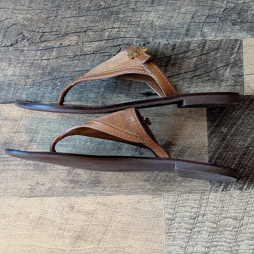 Tory Burch Sandals Brown Leather Suede Triangle Flip Flops - Picture 5 of 8